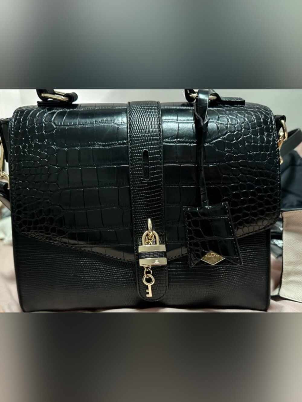 Asos Black Croc-Embossed Structured Shoulder Bag